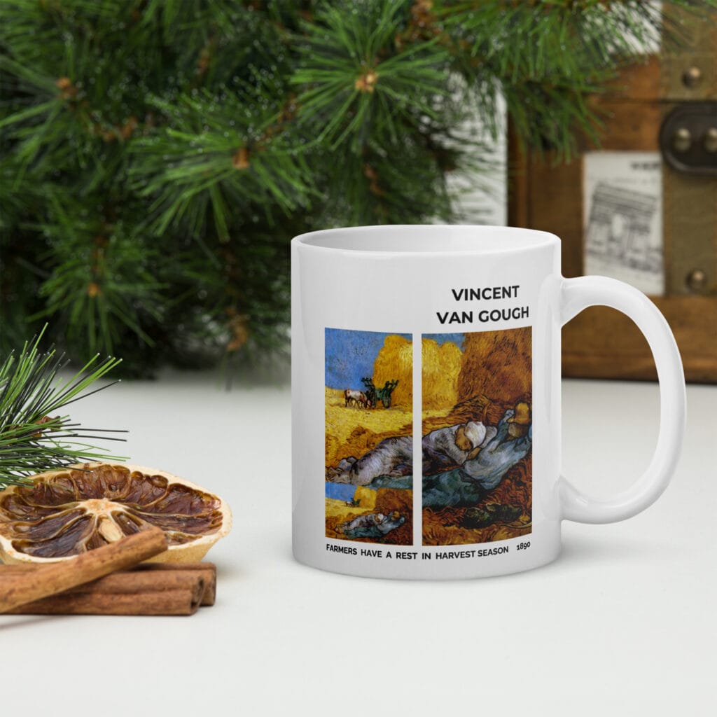 Farmers have a rest in harvest season White glossy mug