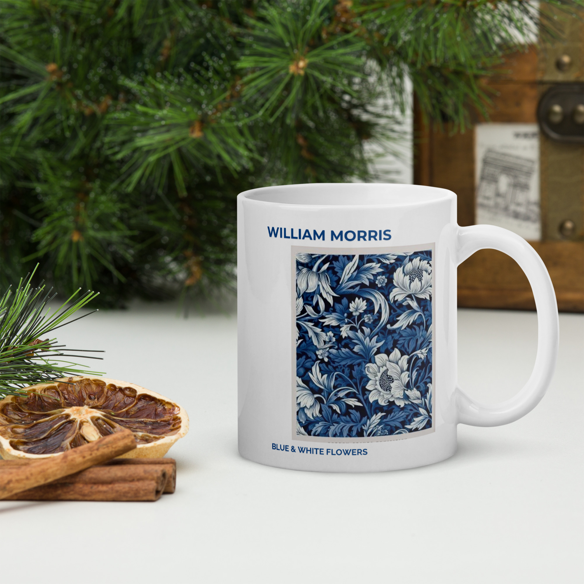 BLUE & WHITE FLOWERS White glossy mug
