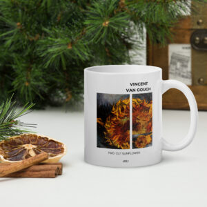 Two  cut sunflower.  White glossy mug