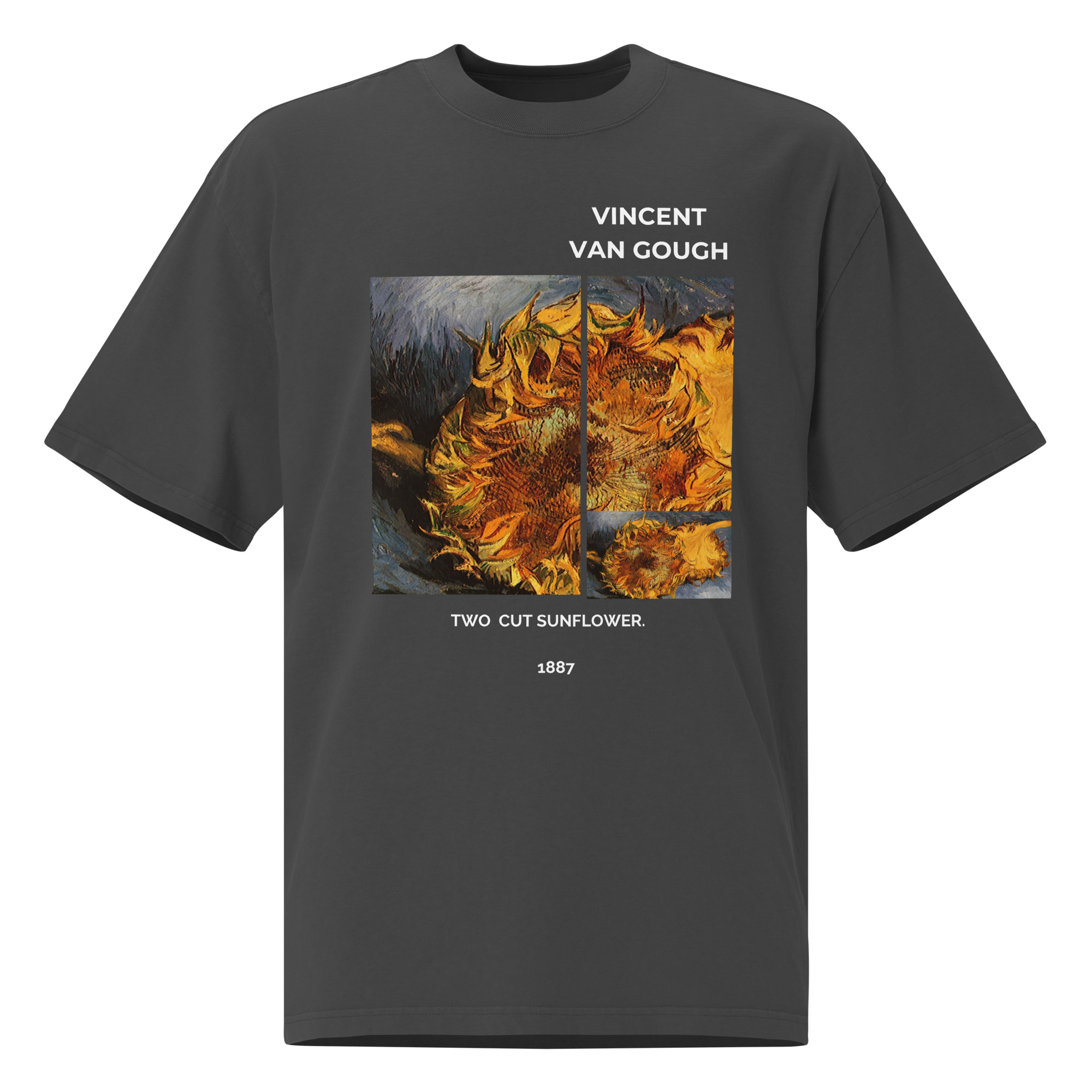 Two cut sunflower. Oversized faded t-shirt
