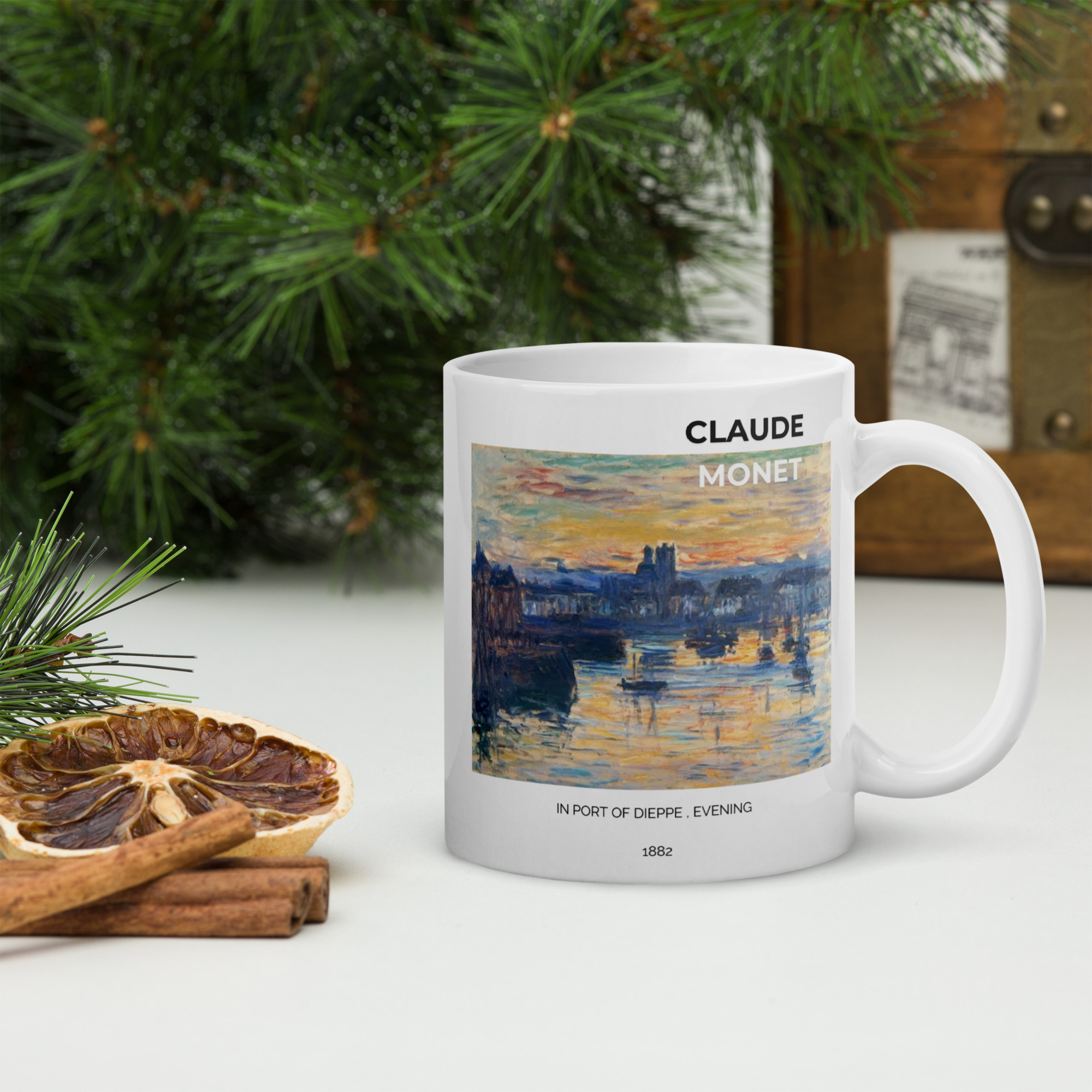 In port of Dieppe , Evening White glossy mug
